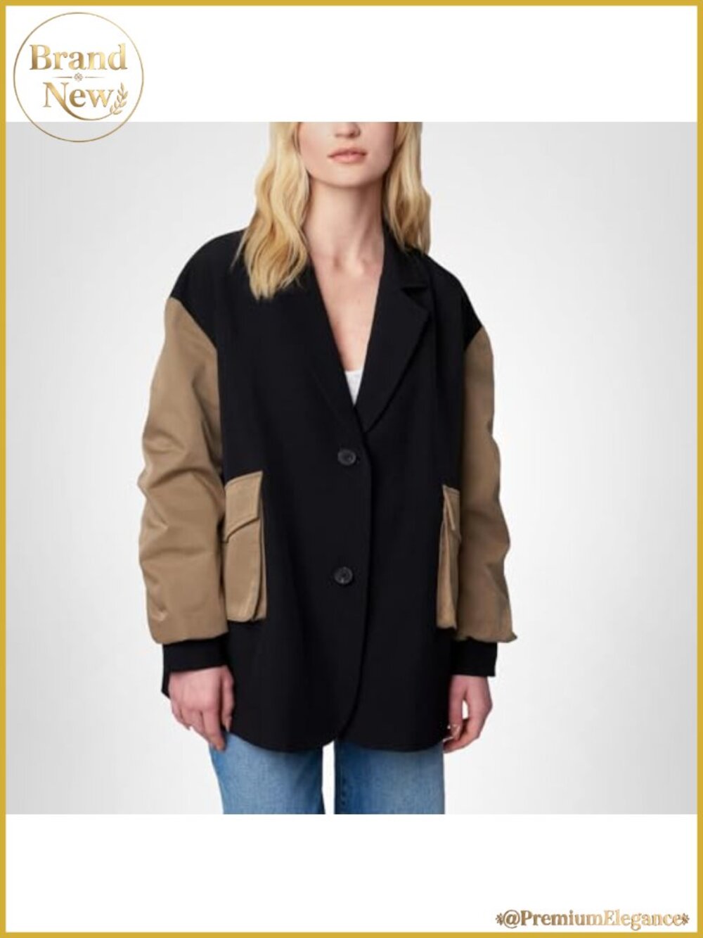 Women's Oversized Blazer, Drop Shoulder, Notched Lapels, 2 Pockets, Polyester